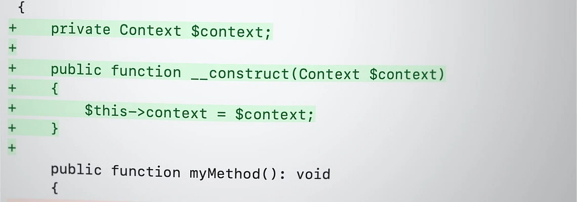 A close-up of PHP code shows syntax highlighting. Certain lines are highlighted green and others red, indicating additions and deletions. The code defines a class Service with methods and references to GeneralUtility and context aspects.