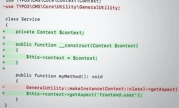 A close-up of PHP code shows syntax highlighting. Certain lines are highlighted green and others red, indicating additions and deletions. The code defines a class Service with methods and references to GeneralUtility and context aspects.