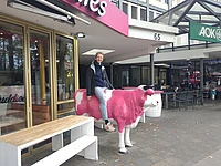 A person sits on a life-sized pink and white cow statue outside a shop with glass doors. People are seated at tables nearby. The scene is urban, with store signs and a street visible.
