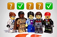 Five LEGO minifigures stand in a row with three question mark icons and two green check marks above them, indicating some are selected and others not yet selected.