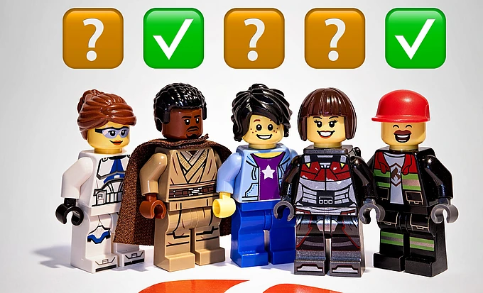Five LEGO minifigures stand in a row with three question mark icons and two green check marks above them, indicating some are selected and others not yet selected.