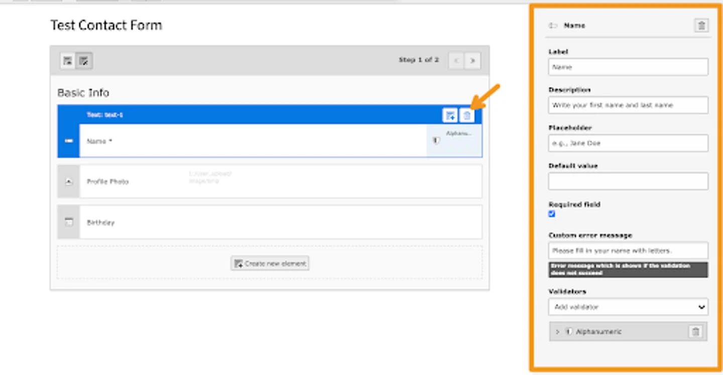 Screenshot of simple text field settings