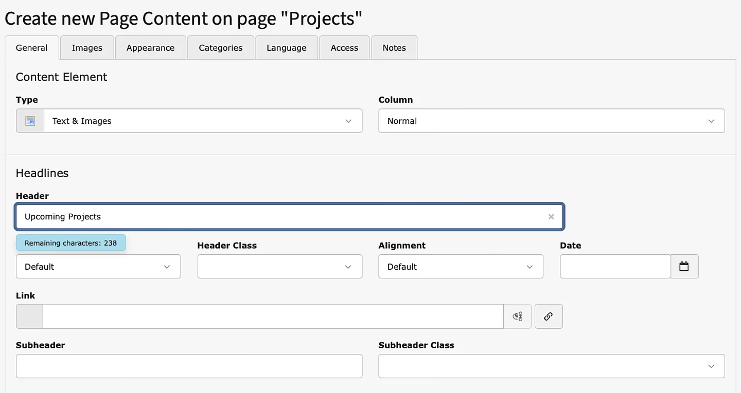 Screenshot of the Rich Text Editor with the header filed highlighted