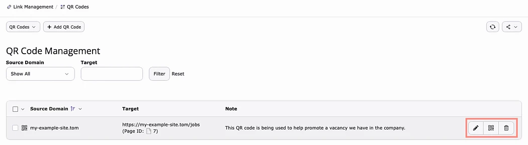 Screenshot of the overview window of the qr codes module