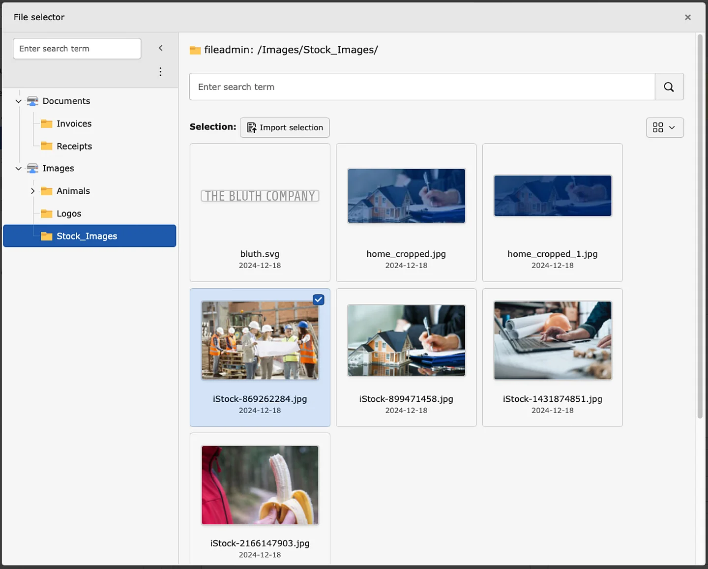 Screenshot of the Images directory with a list of corporate stock images related construction 