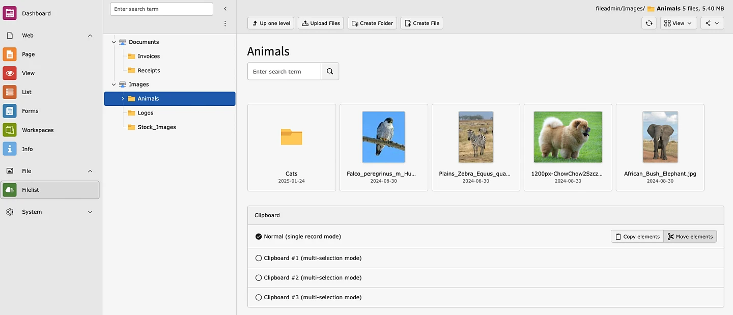 Screenshot of TYPO3's Filelist module with a selection of animal photographs placed in the Animals directory