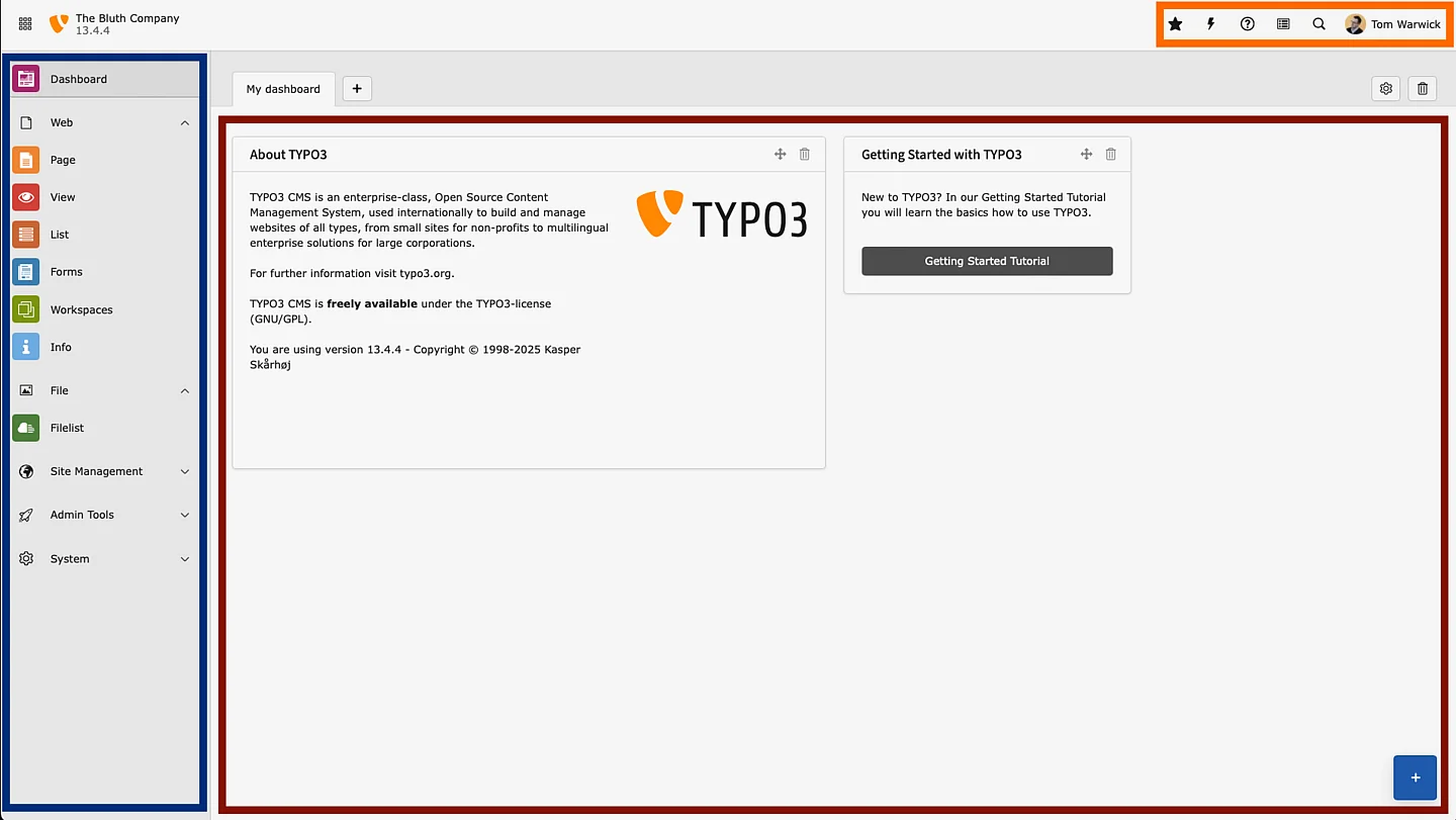 A screenshot of TYPO3's backend with three zones highlighted. The Top Bar, Module menu and workspace area.