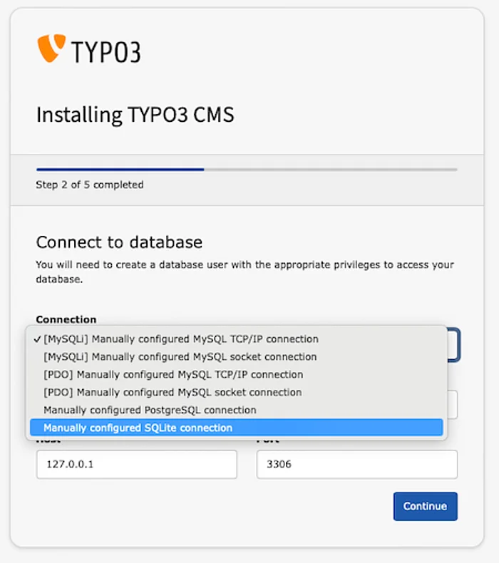 Step 2 - Select SQLite from the drop-down of available databases