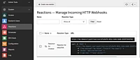 Admin panel showing Reactions page for managing incoming HTTP webhooks with reaction type filters and webhook URL details