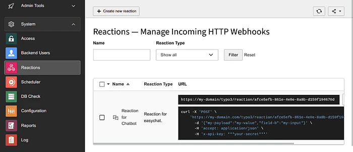 Admin panel showing Reactions page for managing incoming HTTP webhooks with reaction type filters and webhook URL details
