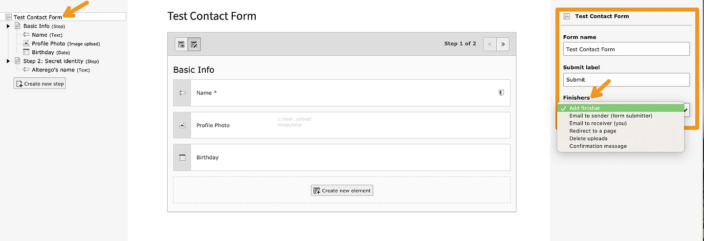 Screenshot of form title and submission settings.