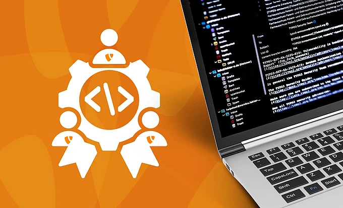 Illustration showing TYPO3 symbols representing collaboration and code contributions, next to a laptop displaying a code editor.
