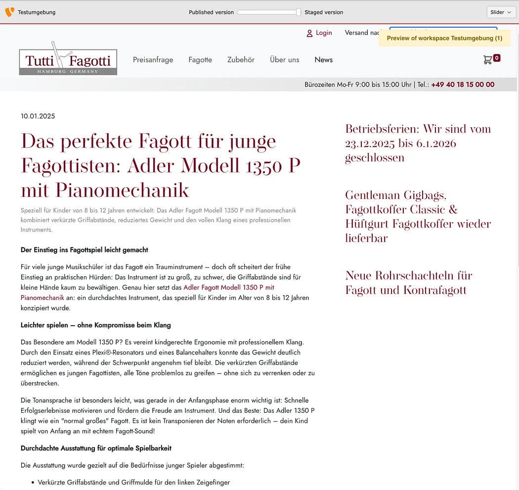 Screenshot of a German website advertising the Adler Modell 1350 P bassoon for young players, featuring red and black text, a navigation menu, and highlighted announcements on the right side.