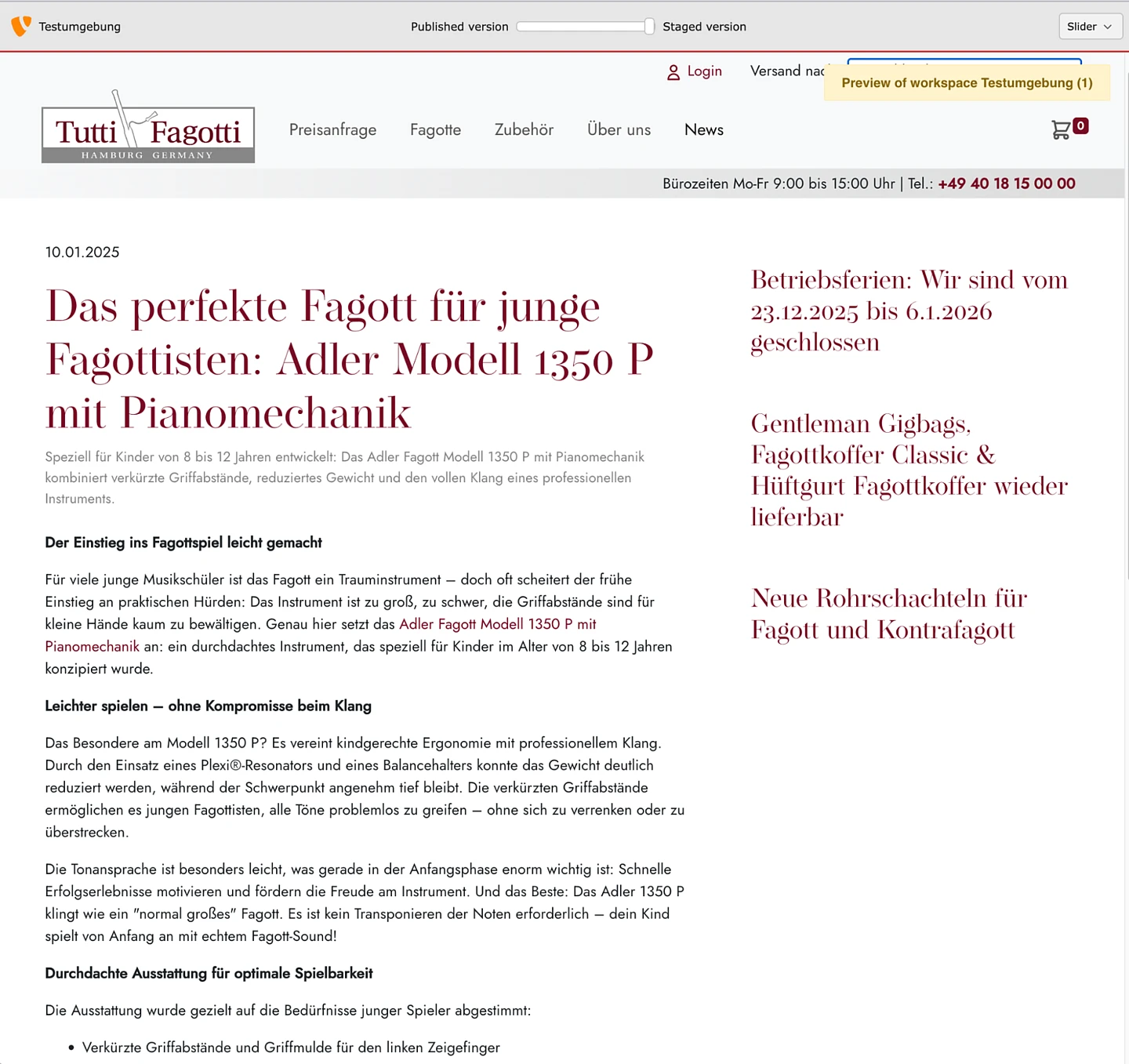 Screenshot of a German website advertising the Adler Modell 1350 P bassoon for young players, featuring red and black text, a navigation menu, and highlighted announcements on the right side.
