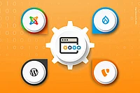 Joomla, Drupal, WordPress, and TYPO3 logos surrounding a web development gear icon.