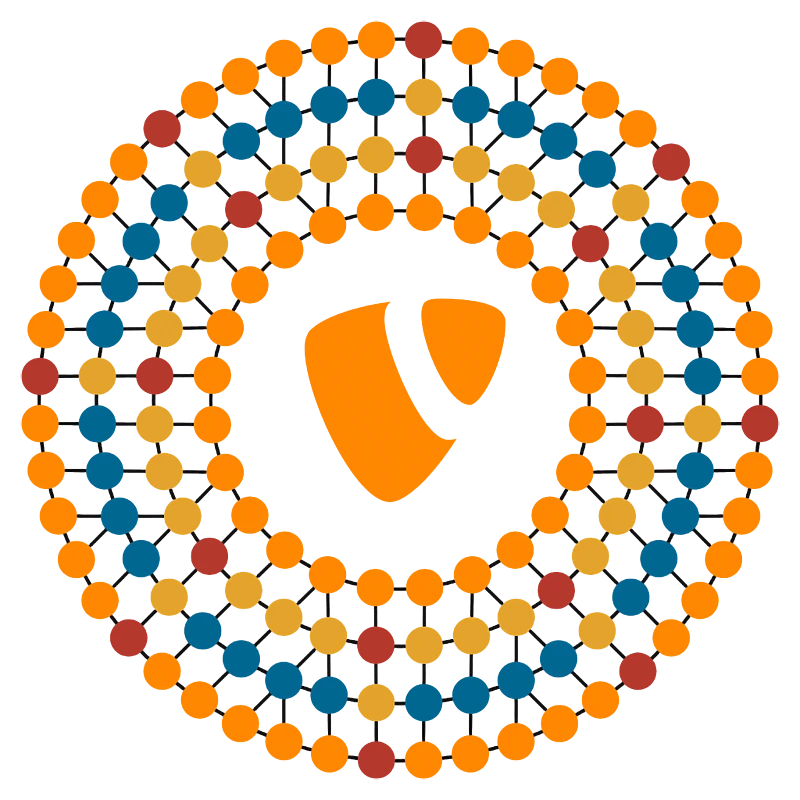Circular molecular network diagram with orange, blue, yellow, and red nodes connected by lines, featuring a large orange TYPO3 logo in the center