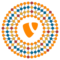 Circular molecular network diagram with orange, blue, yellow, and red nodes connected by lines, featuring a large orange TYPO3 logo in the center