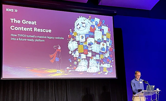 Conference speaker presenting 'The Great Content Rescue' about TYPO3 migration on stage with purple lighting