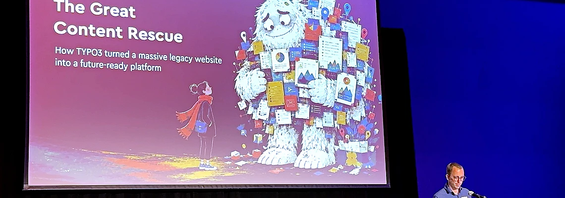 Conference speaker presenting 'The Great Content Rescue' about TYPO3 migration on stage with purple lighting