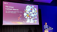 Conference speaker presenting 'The Great Content Rescue' about TYPO3 migration on stage with purple lighting
