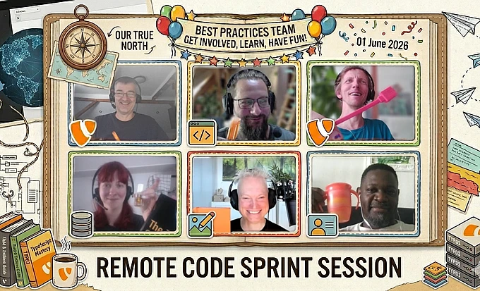 Six people smiling on a video call for a Remote Code Sprint Session. Decorative borders, books, coffee, and banners with Best Practices Team and Get involved, Learn, Have fun! appear around the screen.