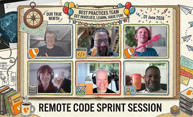 Six people smiling on a video call for a Remote Code Sprint Session. Decorative borders, books, coffee, and banners with Best Practices Team and Get involved, Learn, Have fun! appear around the screen.