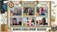 Six people smiling on a video call for a Remote Code Sprint Session. Decorative borders, books, coffee, and banners with Best Practices Team and Get involved, Learn, Have fun! appear around the screen.