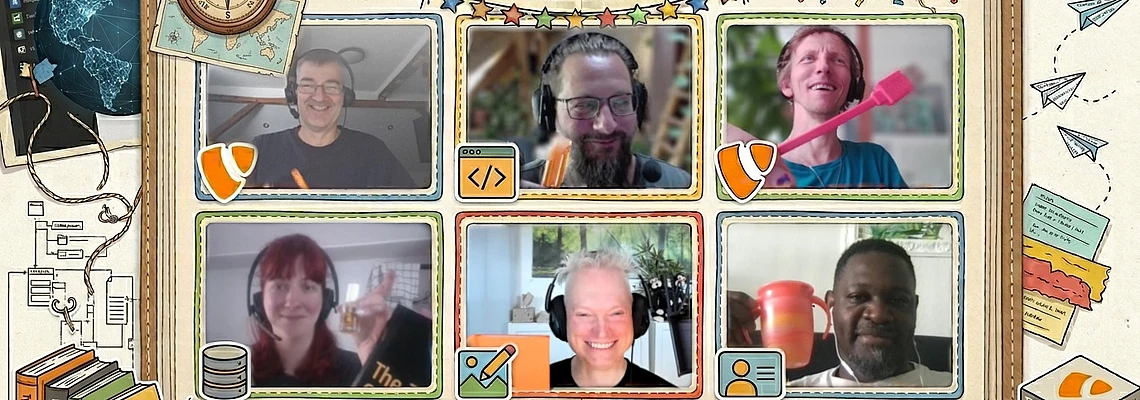 Six people smiling on a video call for a Remote Code Sprint Session. Decorative borders, books, coffee, and banners with Best Practices Team and Get involved, Learn, Have fun! appear around the screen.