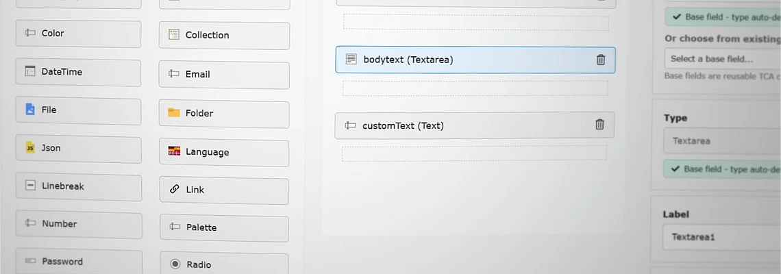 A web interface for editing content blocks, showing options to add fields like checkbox, date, relation, and more. The main area displays fields for header, body text, and custom text, with settings on the right.