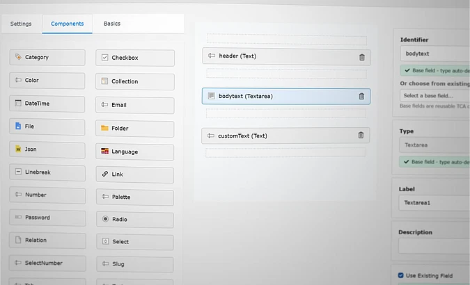 A web interface for editing content blocks, showing options to add fields like checkbox, date, relation, and more. The main area displays fields for header, body text, and custom text, with settings on the right.