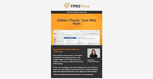 TYPO3 Pulse newsletter cover titled “Edition Theme: Core Web Vitals,” showing the TYPO3 backend interface and an introductory message about performance optimization.