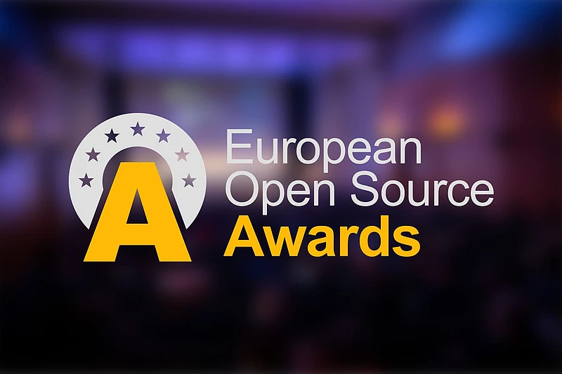 Logo for the European Open Source Awards, featuring a large yellow A with a semicircle of stars, and the event name in white and yellow text on a blurred dark background.