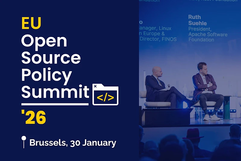 EU Open Source Policy Summit 2026 event poster with two speakers seated on stage and audience in foreground; text reads Brussels, 30 January with event details in bold yellow and white letters on a blue background.