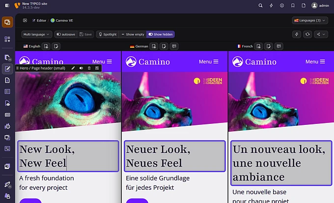 The TYPO3 backend shows three mobile previews of a colorful website with a cat image and text in English, German, and French. The highlighted area displays editable headings in each language. Various editing tools are visible.