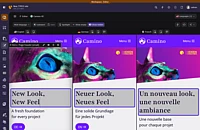 The TYPO3 backend shows three mobile previews of a colorful website with a cat image and text in English, German, and French. The highlighted area displays editable headings in each language. Various editing tools are visible.