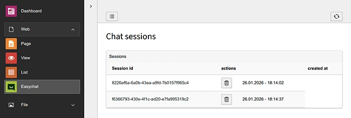 Dashboard showing chat sessions table with session IDs, delete actions, and creation timestamps from January 26, 2026