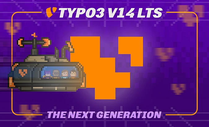 Graphic for TYPO3 v14 LTS on a purple pixel-style background, featuring a large TYPO3 logo, a pixel-art submarine on the left, and the slogan ‘The Next Generation’.