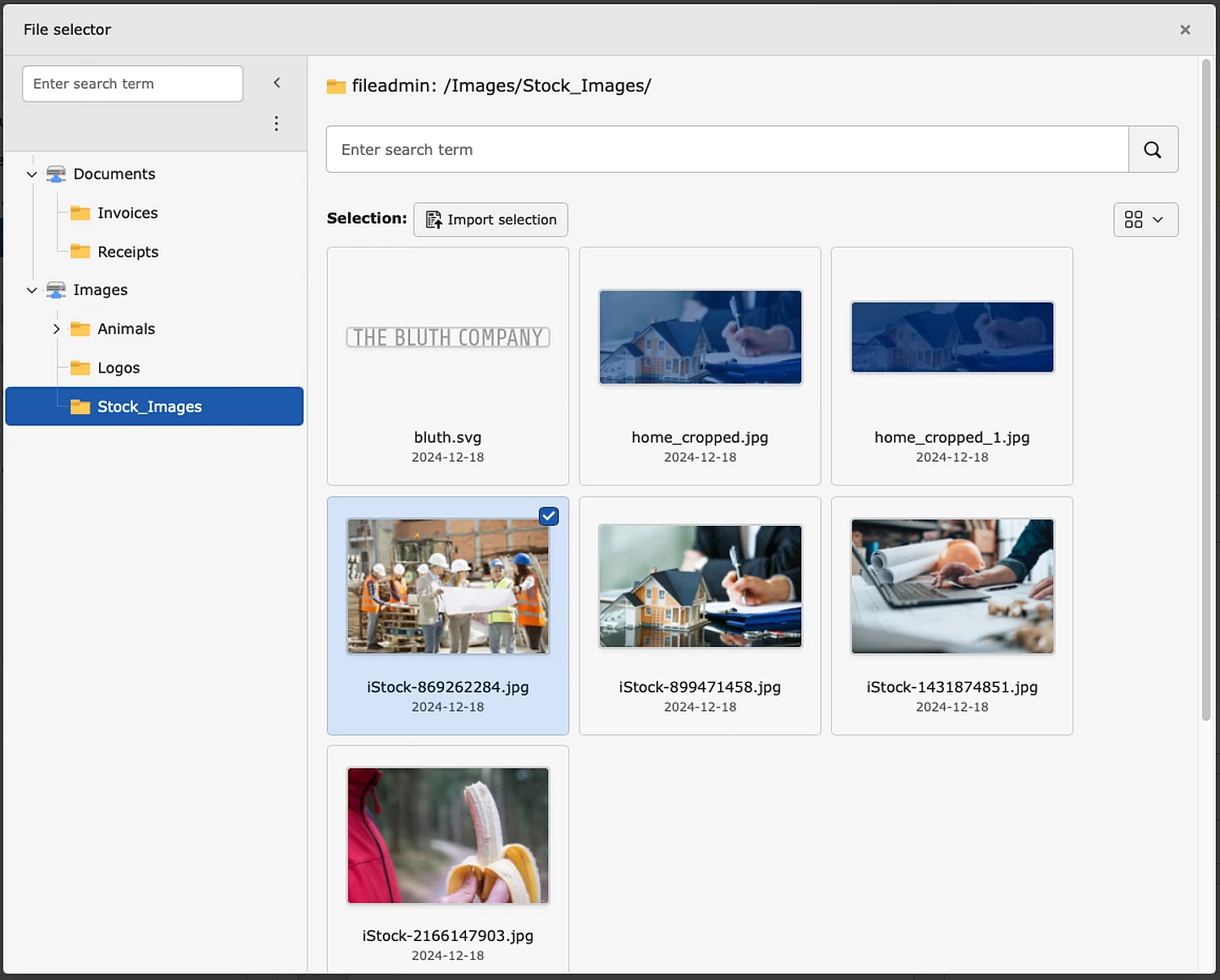 Screenshot of the Images directory with a list of corporate stock images related construction 