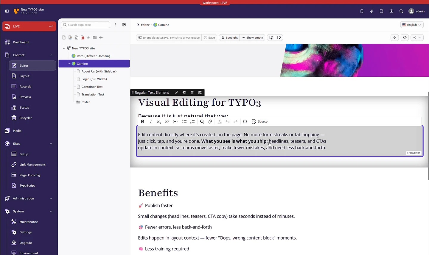 A computer screen displays an open web browser with the TYPO3 backend. A page is being edited inline, currently a text titled Visual Editing for TYPO3, with benefits of the feature listed below. Various editing tools are visible.