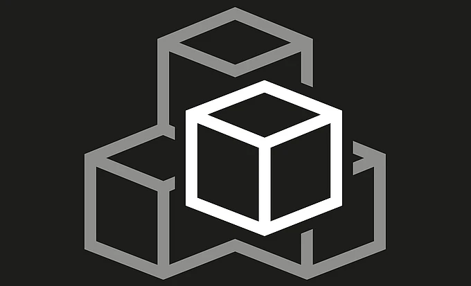A white cube outlined in black is centered within and overlapping three larger, interlocking gray cubes on a black background. The design is geometric and minimalist.