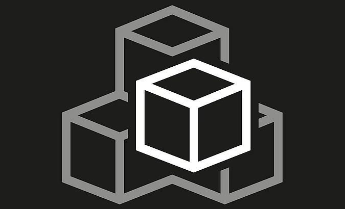 A white cube outlined in black is centered within and overlapping three larger, interlocking gray cubes on a black background. The design is geometric and minimalist.
