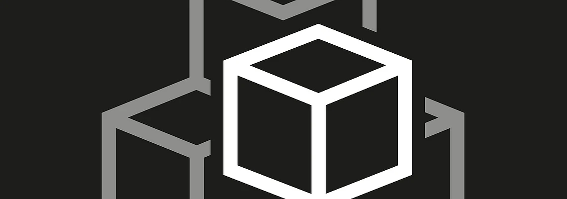 A white cube outlined in black is centered within and overlapping three larger, interlocking gray cubes on a black background. The design is geometric and minimalist.