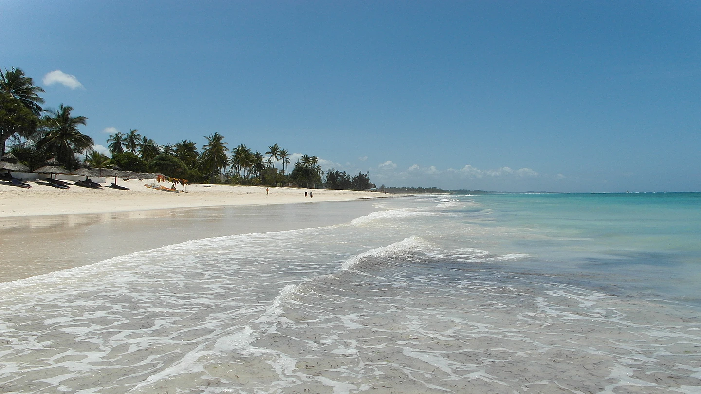 Sunny beach with white sand, gentle ocean waves, palm trees, and a clear blue sky. A few people walk in the distance along the shoreline.