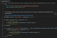 Screenshot of HTML-like template code in Visual Studio Code, using TYPO3 Fluid syntax. A tooltip explains the <f:render> ViewHelper. Code includes conditional statements and links, with highlighted syntax.