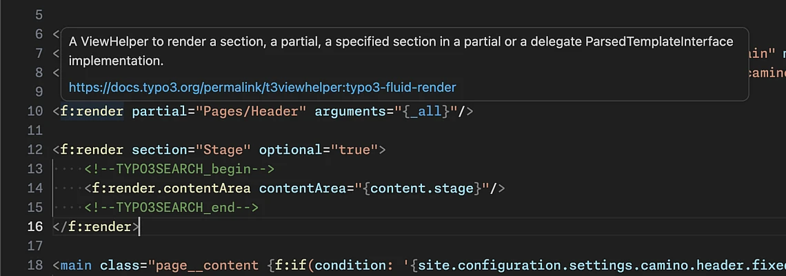 Screenshot of HTML-like template code in Visual Studio Code, using TYPO3 Fluid syntax. A tooltip explains the <f:render> ViewHelper. Code includes conditional statements and links, with highlighted syntax.