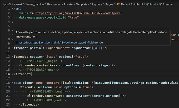 Screenshot of HTML-like template code in Visual Studio Code, using TYPO3 Fluid syntax. A tooltip explains the <f:render> ViewHelper. Code includes conditional statements and links, with highlighted syntax.