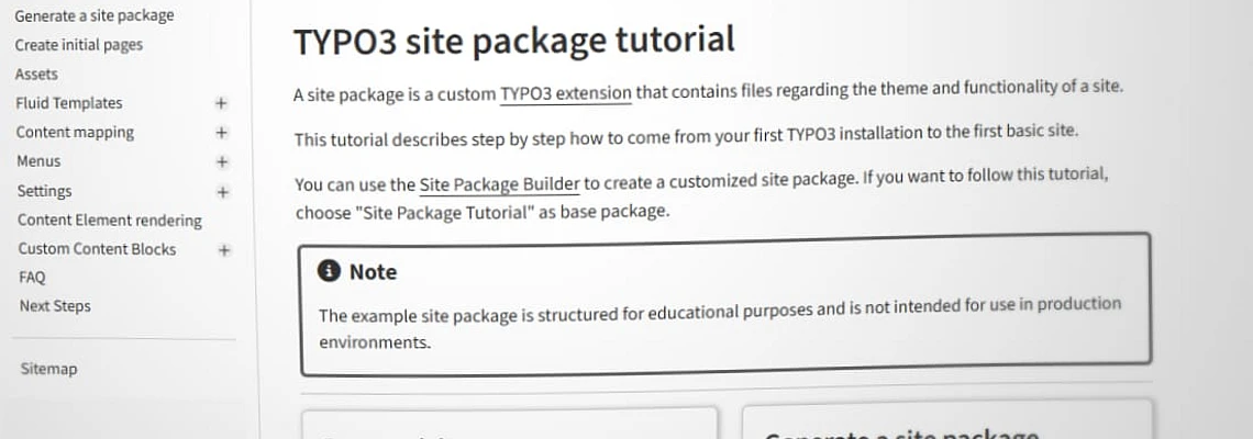 Screenshot of a TYPO3 documentation page titled TYPO3 site package tutorial, showing navigation links, tutorial instructions, and boxed notes about site package usage, prerequisites, and steps to generate a site package.