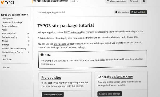Screenshot of a TYPO3 documentation page titled TYPO3 site package tutorial, showing navigation links, tutorial instructions, and boxed notes about site package usage, prerequisites, and steps to generate a site package.