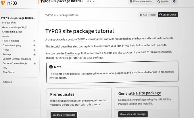 Screenshot of a TYPO3 documentation page titled TYPO3 site package tutorial, showing navigation links, tutorial instructions, and boxed notes about site package usage, prerequisites, and steps to generate a site package.