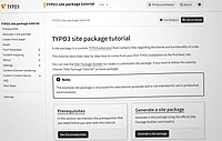 Screenshot of a TYPO3 documentation page titled TYPO3 site package tutorial, showing navigation links, tutorial instructions, and boxed notes about site package usage, prerequisites, and steps to generate a site package.